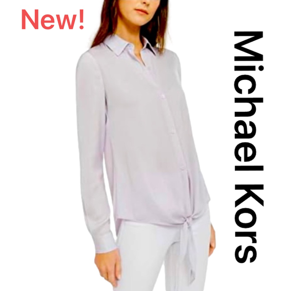 MICHAEL KORS Tie Front Satin Shirt in Lavender Mist, Size Large - Picture 11 of 11